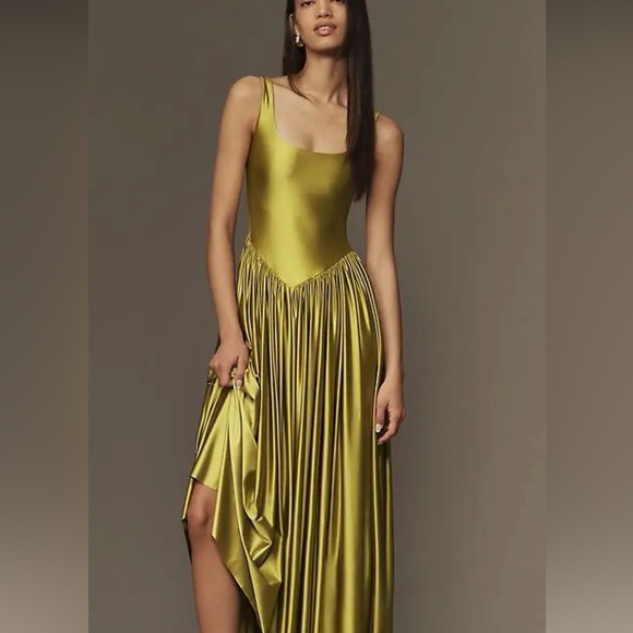 Sleek Olive Satin Pleated Maxi Dress - Picture 3 of 4